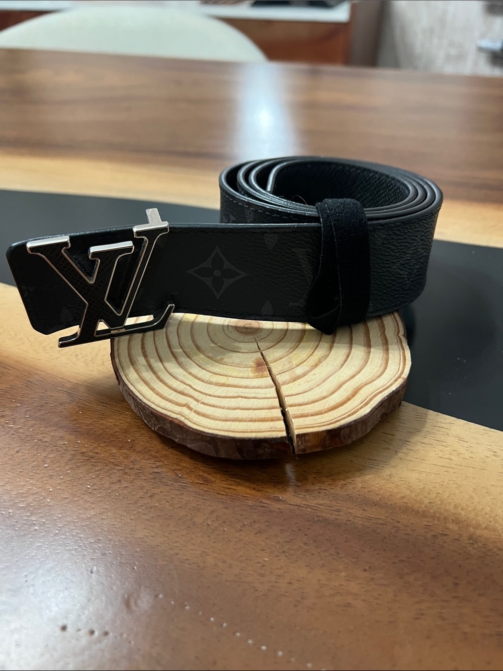 Louis Vuitton Black Monogram Leather Belt with Silver LV Buckle